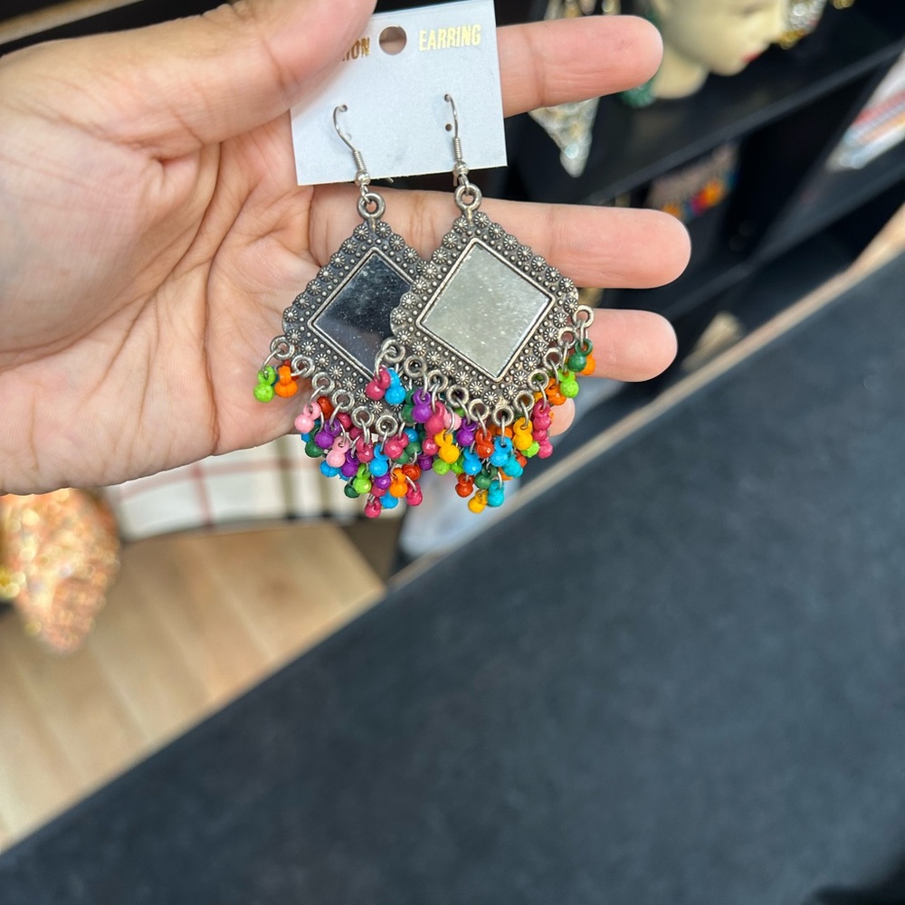 Colorful Beaded Silver Earrings